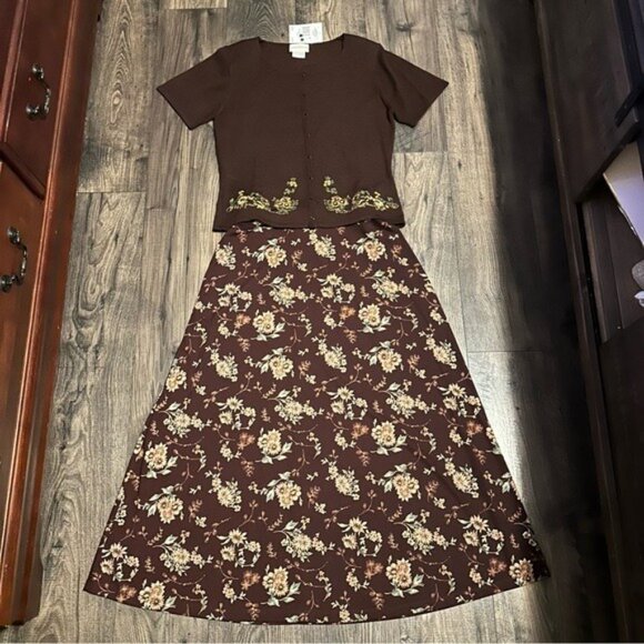 Jaclyn Smith Vintage Floral Two-Piece Set Brown Top M Maxi Skirt L Cottagecore - Picture 2 of 10
